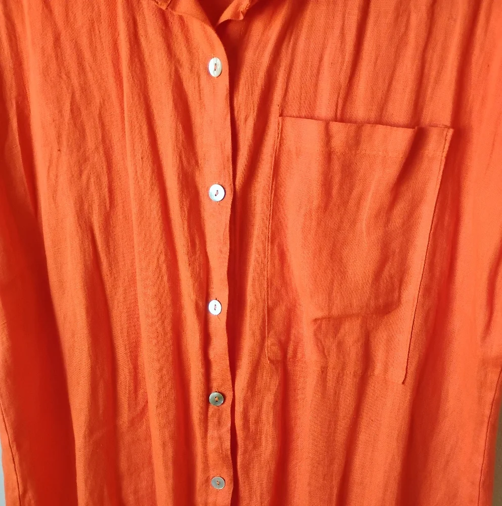 LUA Made in Italy Vibrant Orange 100% Linen Button Down Dress - Picture 5 of 15